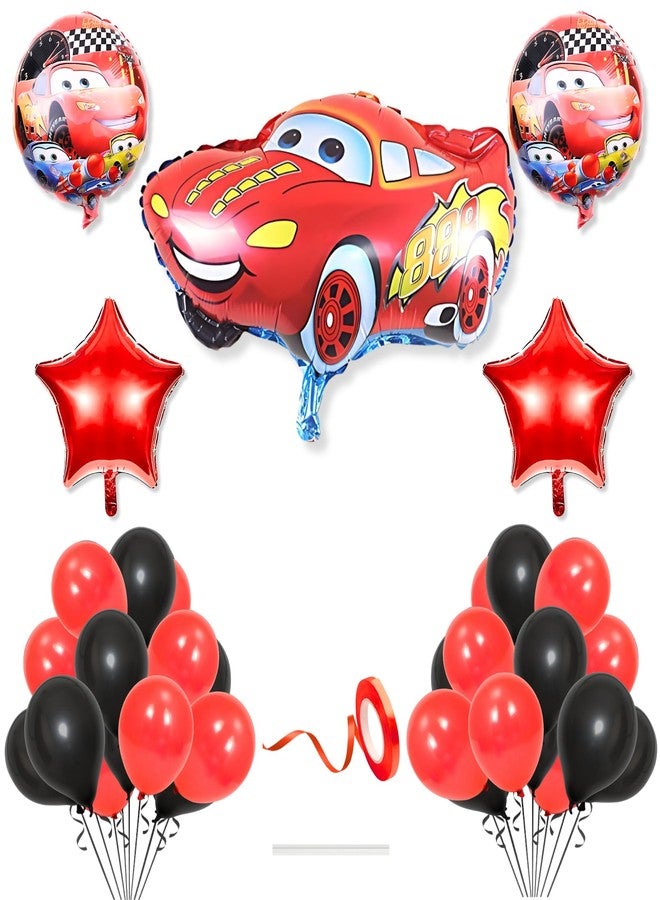 Flyloons Car Theme Decoration for Birthday Red Black Baby Boys Girls Kids 5 Pcs Lightning Macqueen Theme 30 Pcs Metallic Balloons Decoration Kit Set Items 2 Pcs Red Star - Image 1
